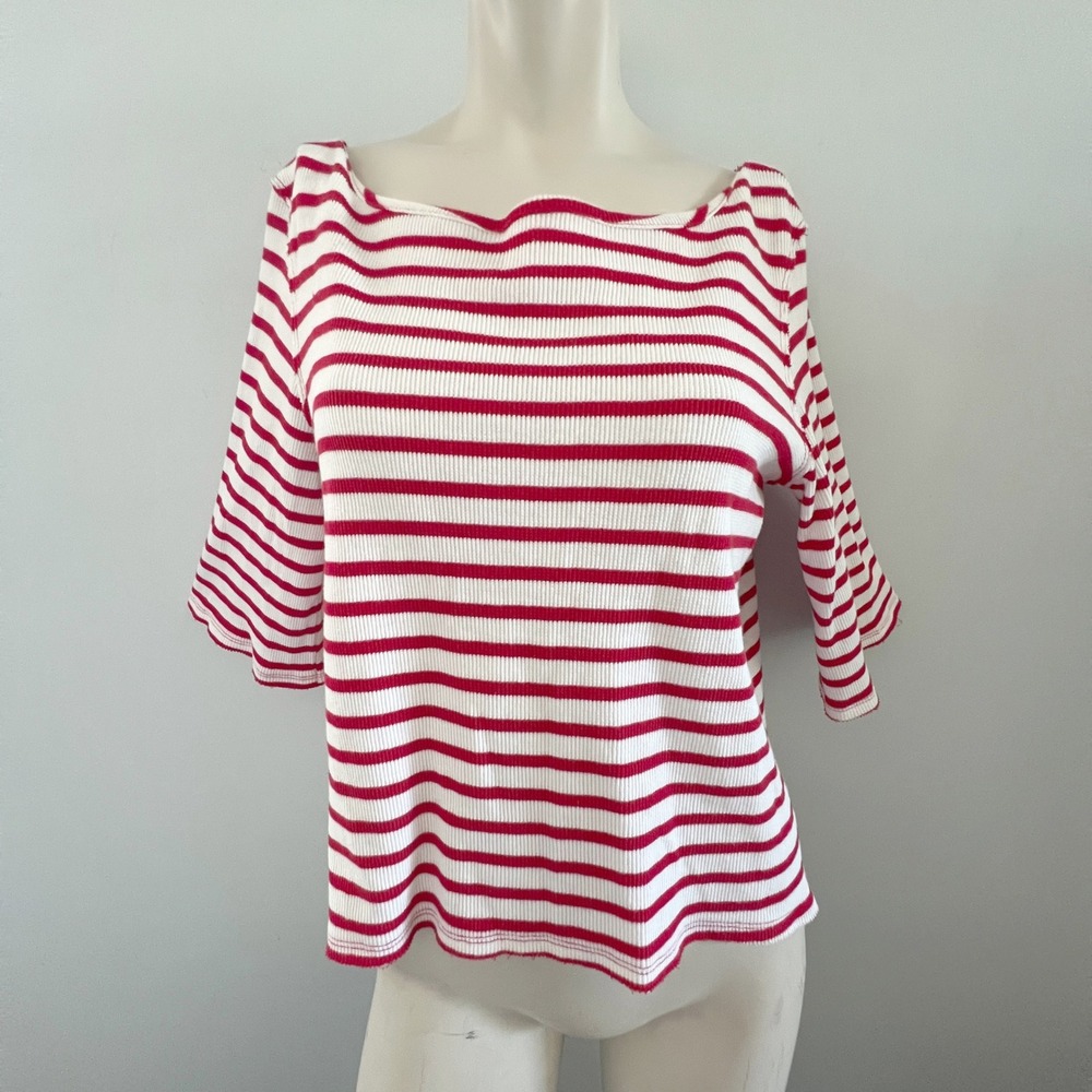 We The Free People Striped Top Petite Small Knit Boat Neck Cotton Blend Coastal